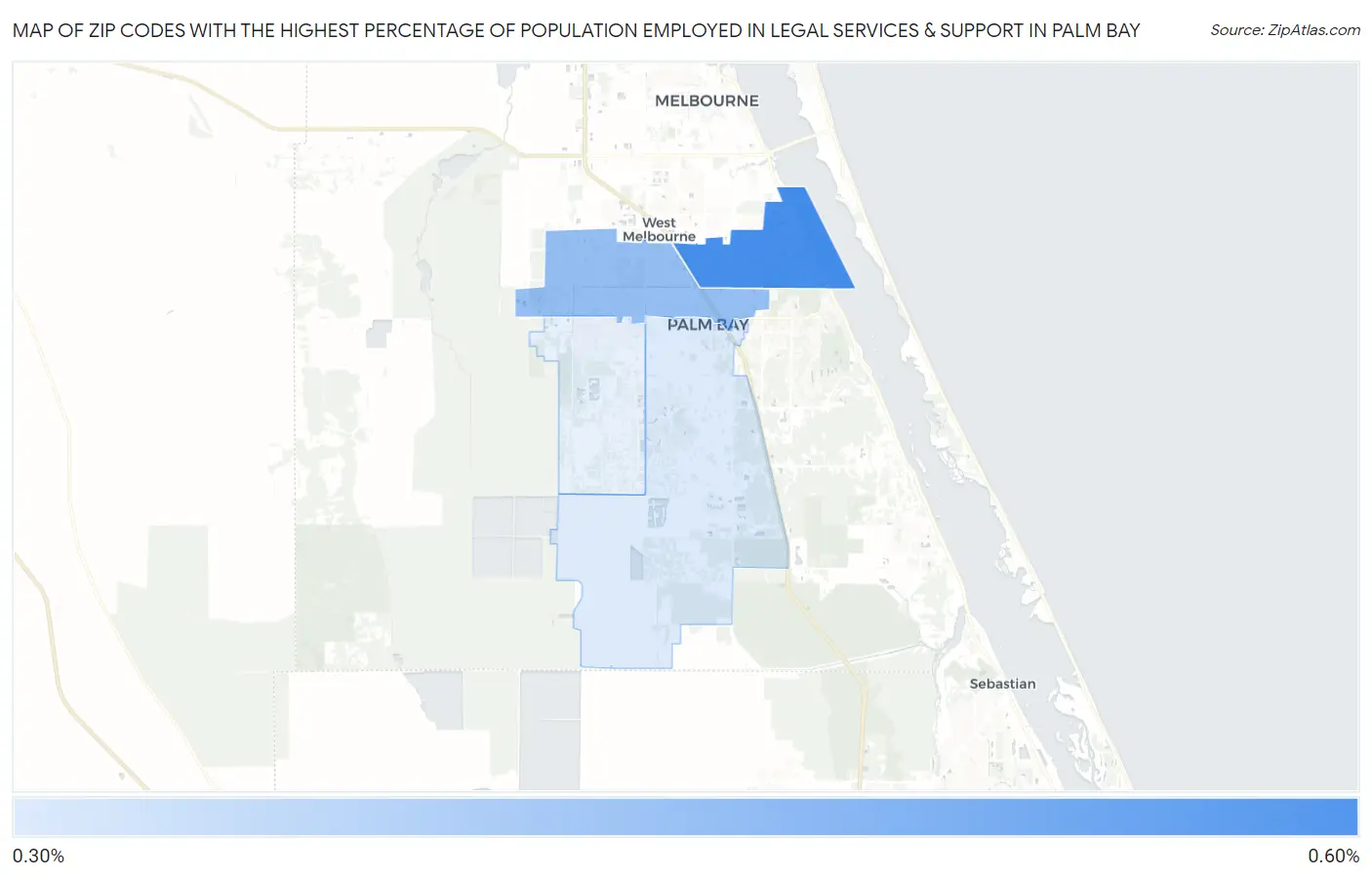 Zip Codes with the Highest Percentage of Population Employed in Legal Services & Support in Palm Bay Map