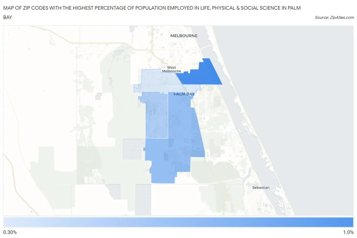 Zip Codes with the Highest Percentage of Population Employed in Life, Physical & Social Science in Palm Bay Map