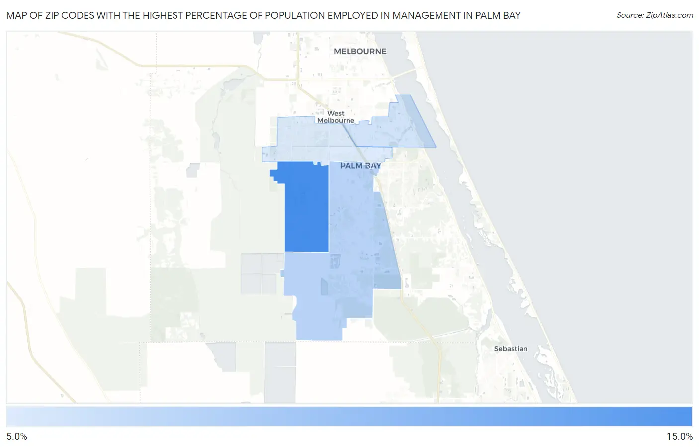 Zip Codes with the Highest Percentage of Population Employed in Management in Palm Bay Map