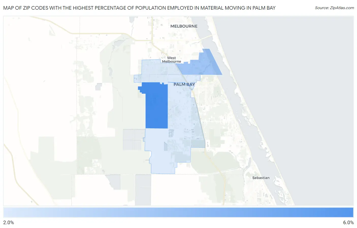 Zip Codes with the Highest Percentage of Population Employed in Material Moving in Palm Bay Map