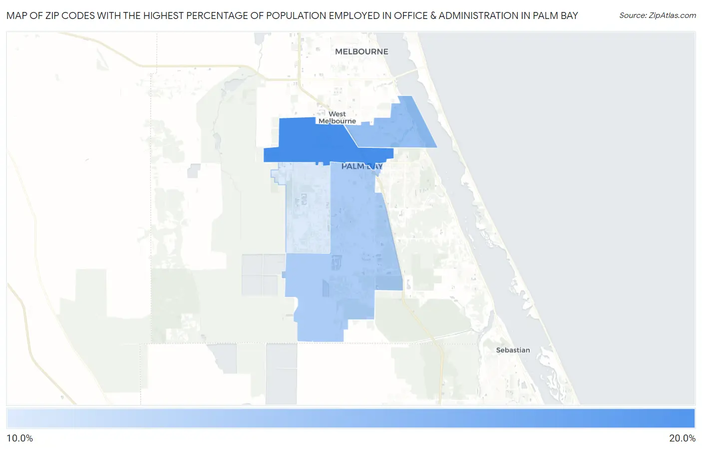 Zip Codes with the Highest Percentage of Population Employed in Office & Administration in Palm Bay Map