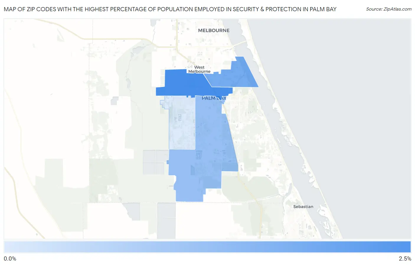 Zip Codes with the Highest Percentage of Population Employed in Security & Protection in Palm Bay Map