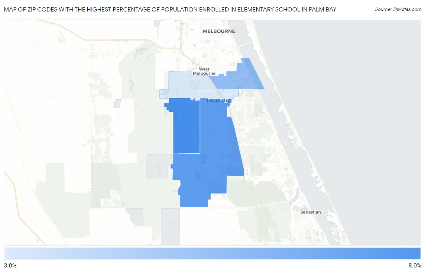 Zip Codes with the Highest Percentage of Population Enrolled in Elementary School in Palm Bay Map
