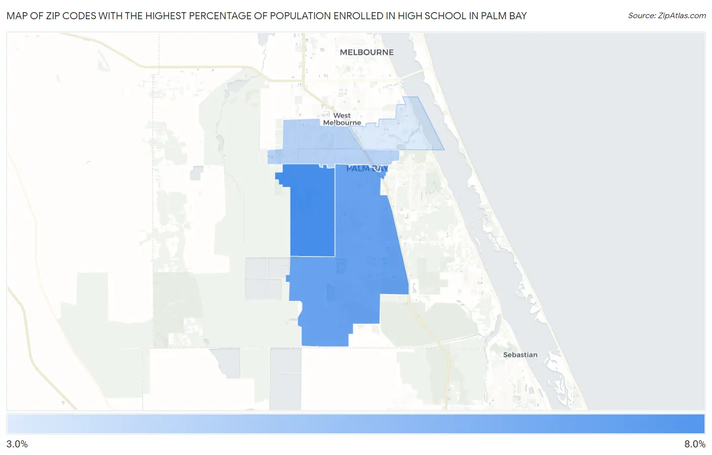 Zip Codes with the Highest Percentage of Population Enrolled in High School in Palm Bay Map