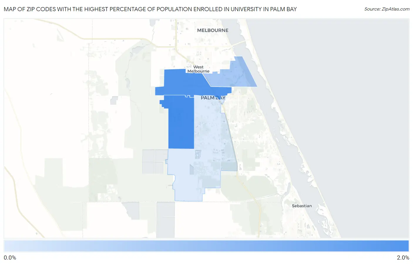 Zip Codes with the Highest Percentage of Population Enrolled in University in Palm Bay Map