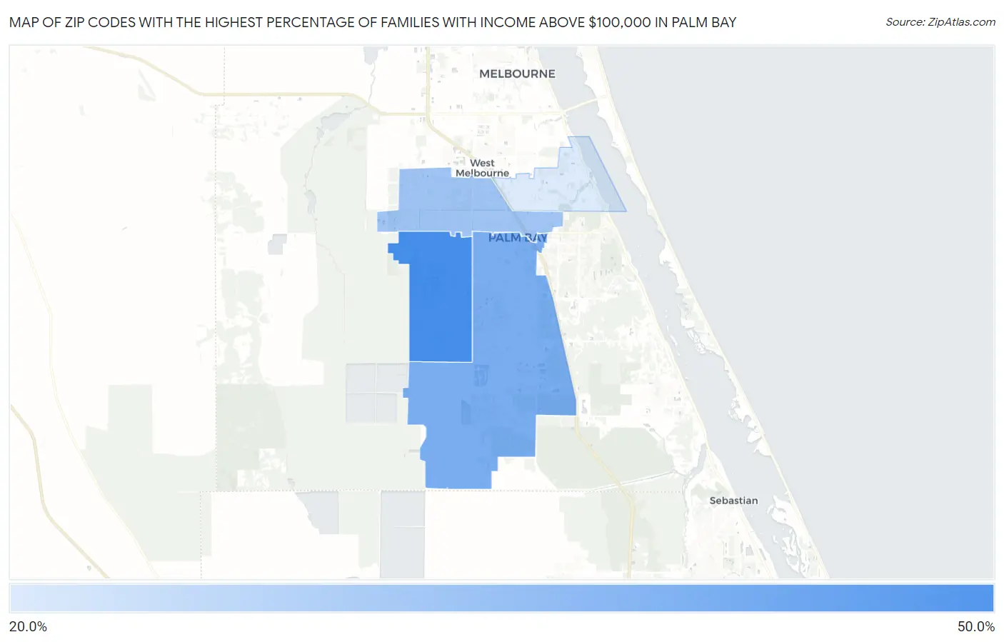 Zip Codes with the Highest Percentage of Families with Income Above $100,000 in Palm Bay Map