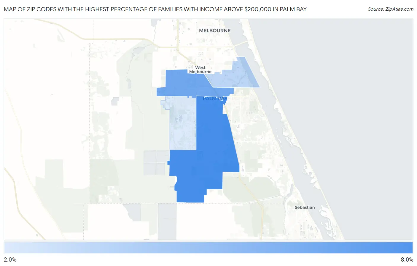 Zip Codes with the Highest Percentage of Families with Income Above $200,000 in Palm Bay Map