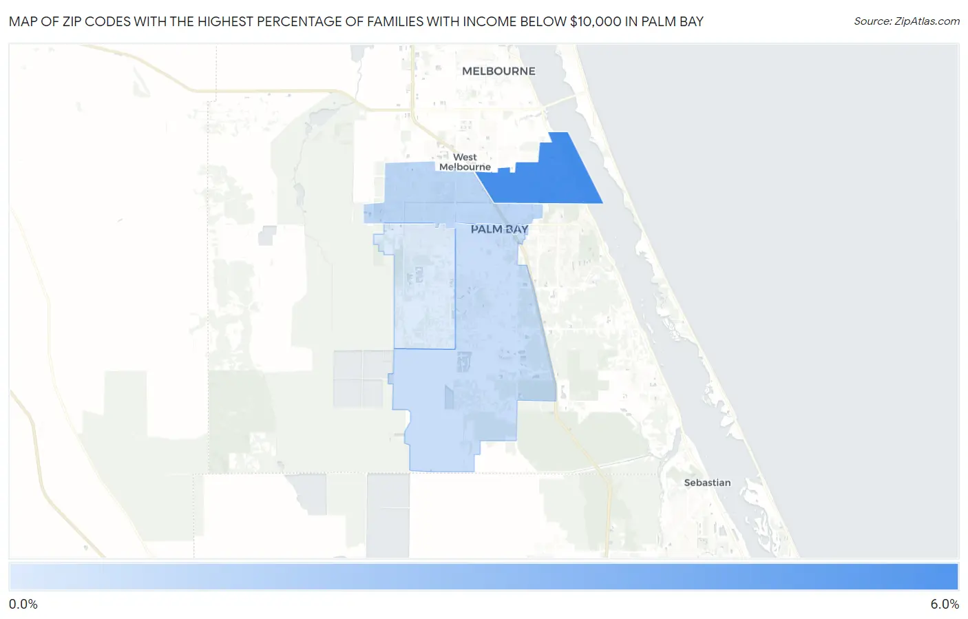 Zip Codes with the Highest Percentage of Families with Income Below $10,000 in Palm Bay Map
