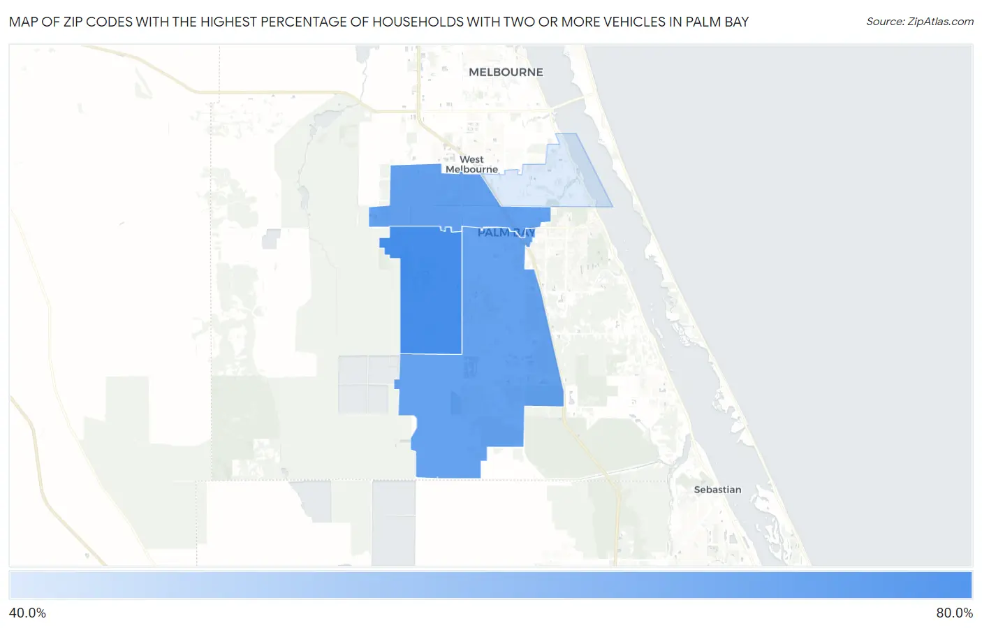 Zip Codes with the Highest Percentage of Households With Two or more Vehicles in Palm Bay Map