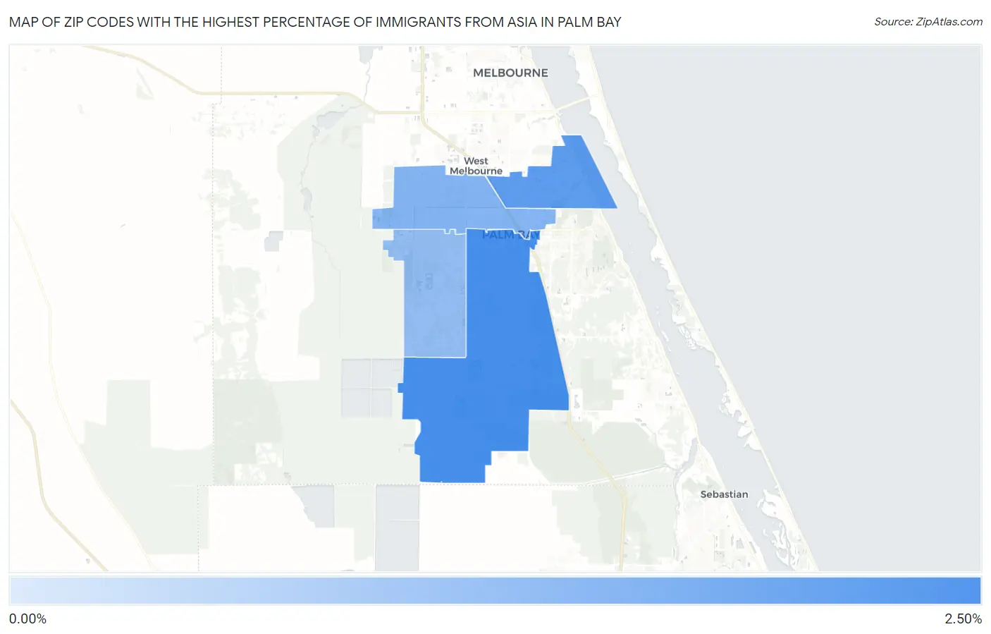 Zip Codes with the Highest Percentage of Immigrants from Asia in Palm Bay Map