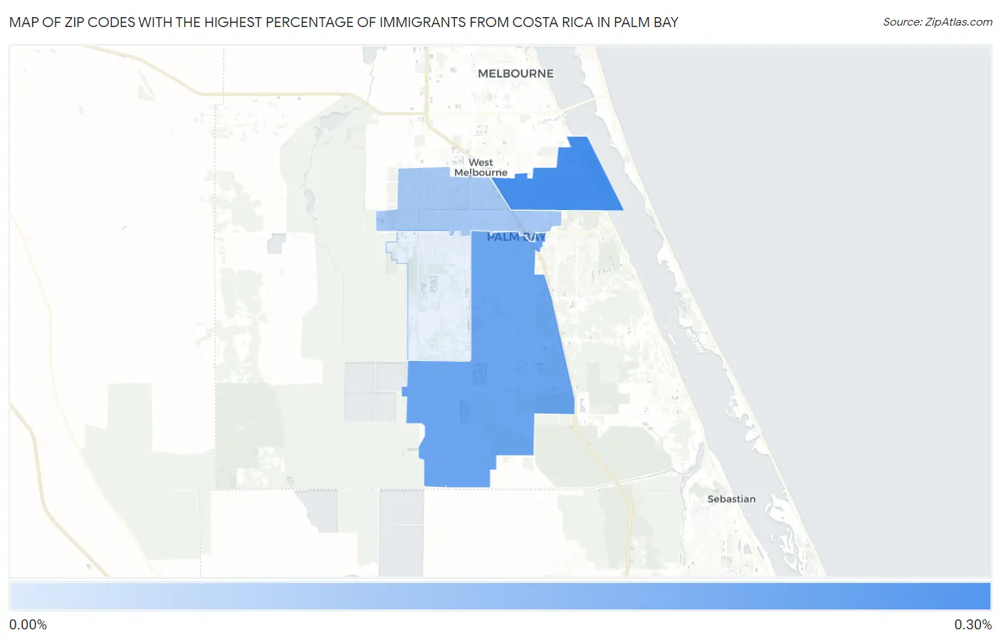 Zip Codes with the Highest Percentage of Immigrants from Costa Rica in Palm Bay Map