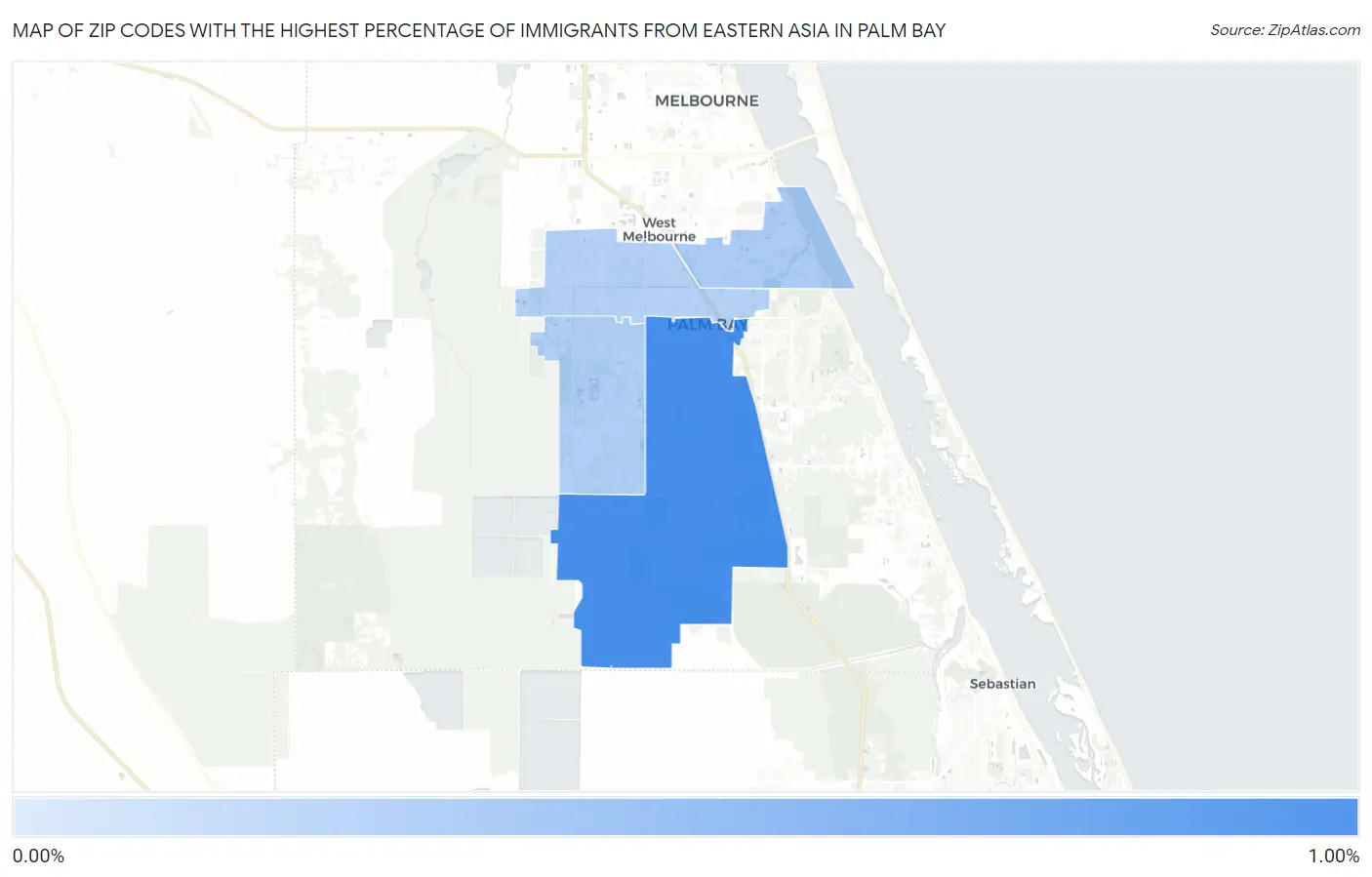 Zip Codes with the Highest Percentage of Immigrants from Eastern Asia in Palm Bay Map