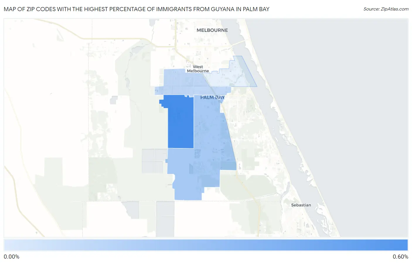 Zip Codes with the Highest Percentage of Immigrants from Guyana in Palm Bay Map