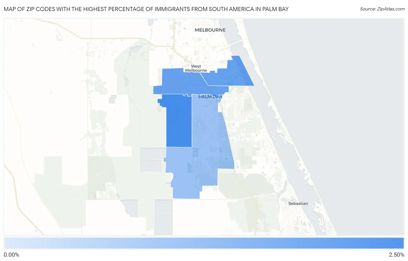 Zip Codes with the Highest Percentage of Immigrants from South America in Palm Bay Map
