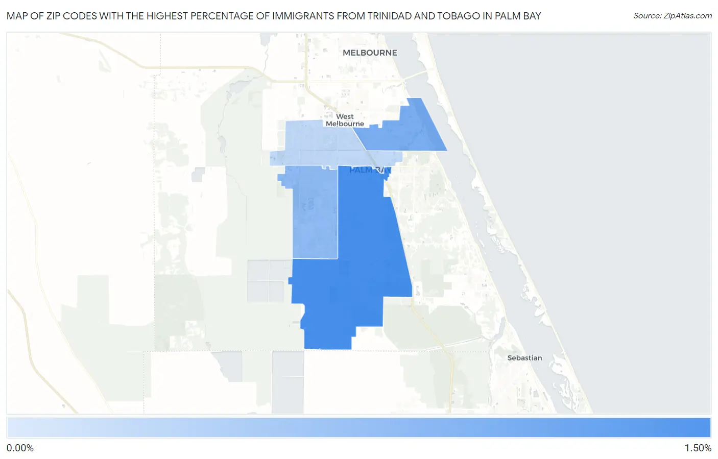 Zip Codes with the Highest Percentage of Immigrants from Trinidad and Tobago in Palm Bay Map