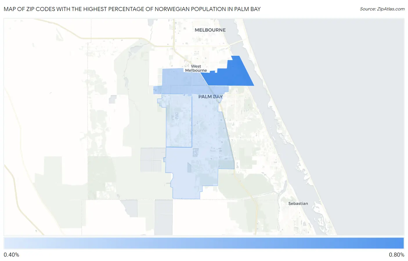 Zip Codes with the Highest Percentage of Norwegian Population in Palm Bay Map