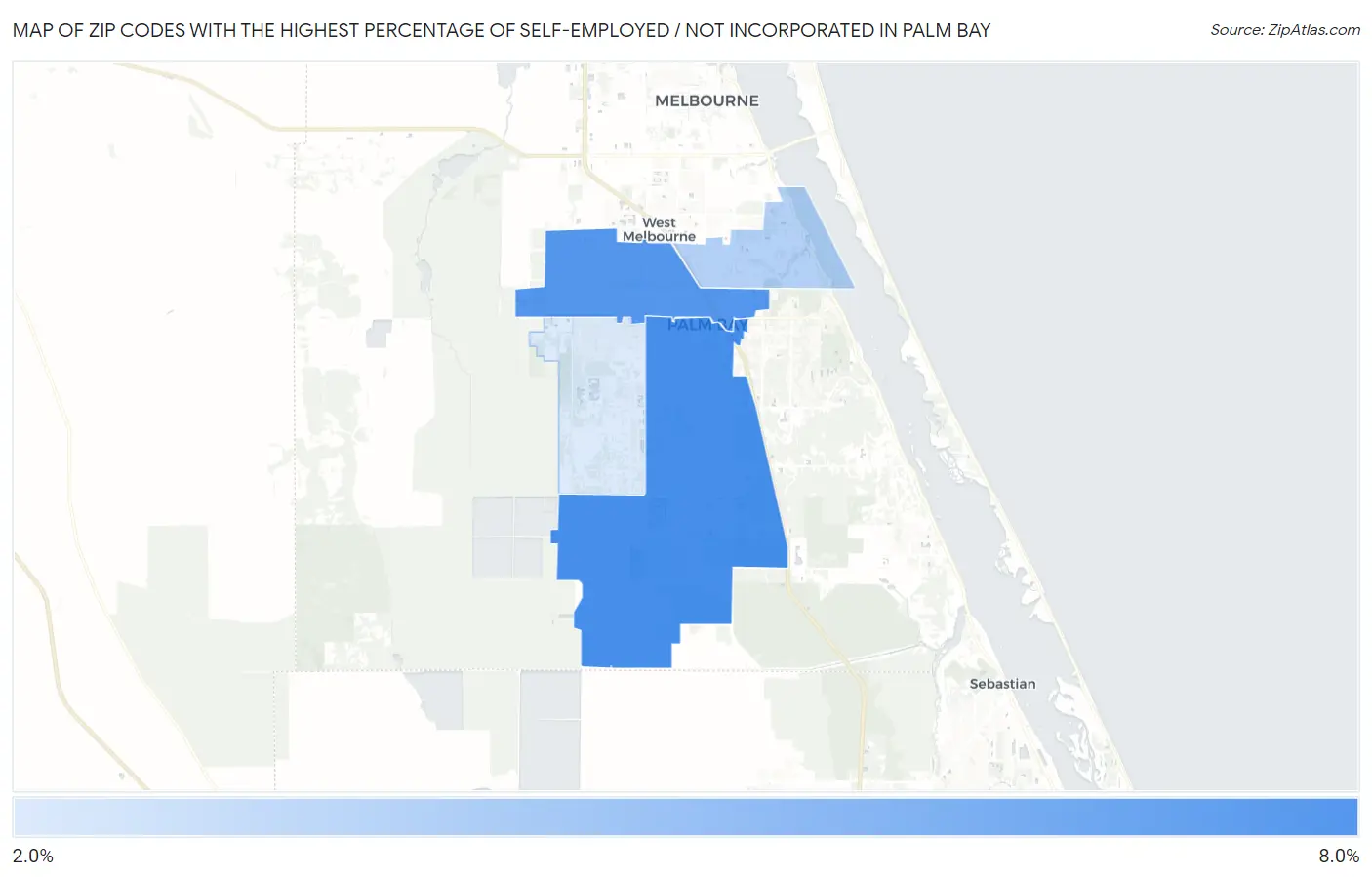 Zip Codes with the Highest Percentage of Self-Employed / Not Incorporated in Palm Bay Map