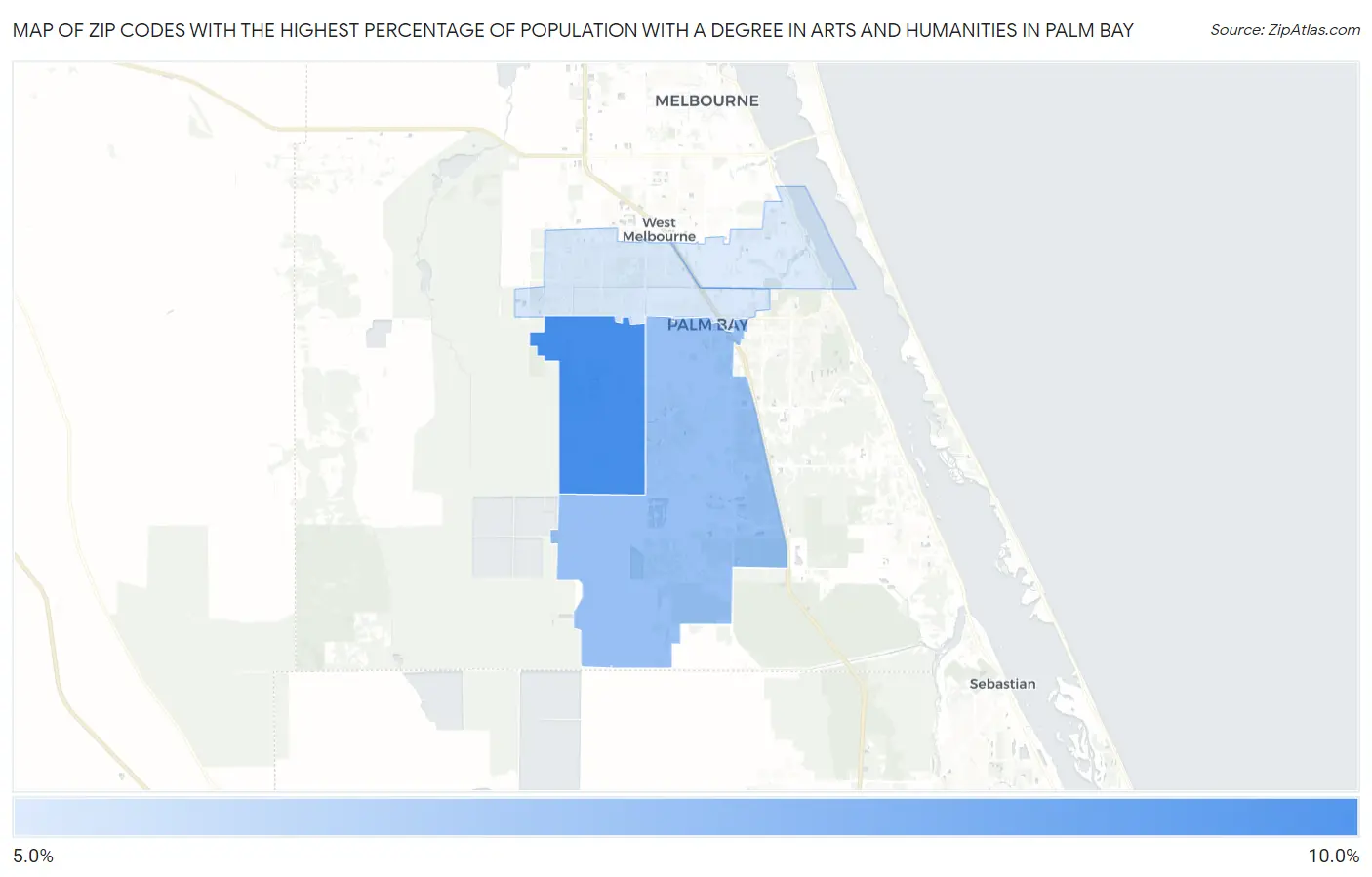 Zip Codes with the Highest Percentage of Population with a Degree in Arts and Humanities in Palm Bay Map