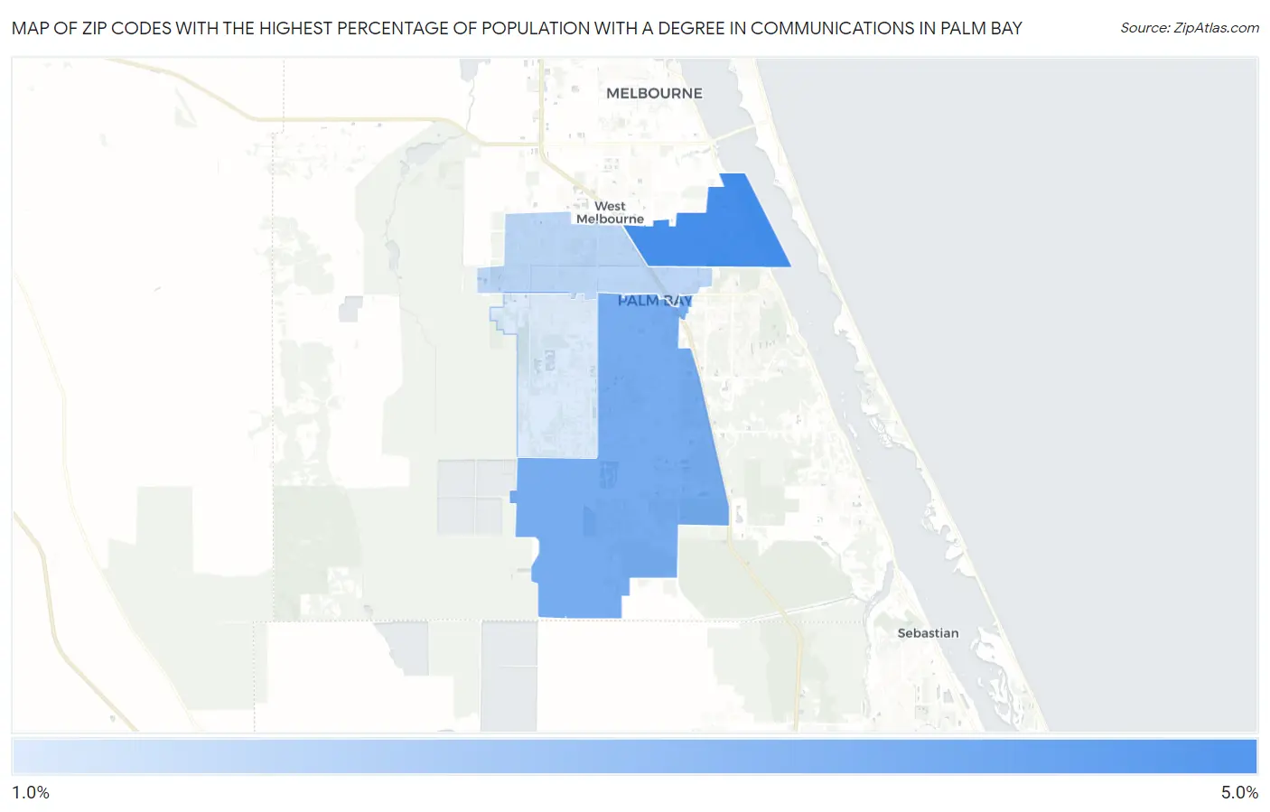 Zip Codes with the Highest Percentage of Population with a Degree in Communications in Palm Bay Map