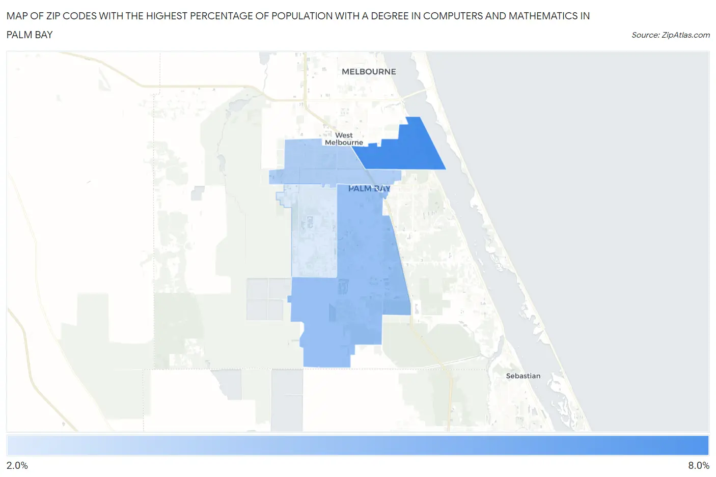 Zip Codes with the Highest Percentage of Population with a Degree in Computers and Mathematics in Palm Bay Map
