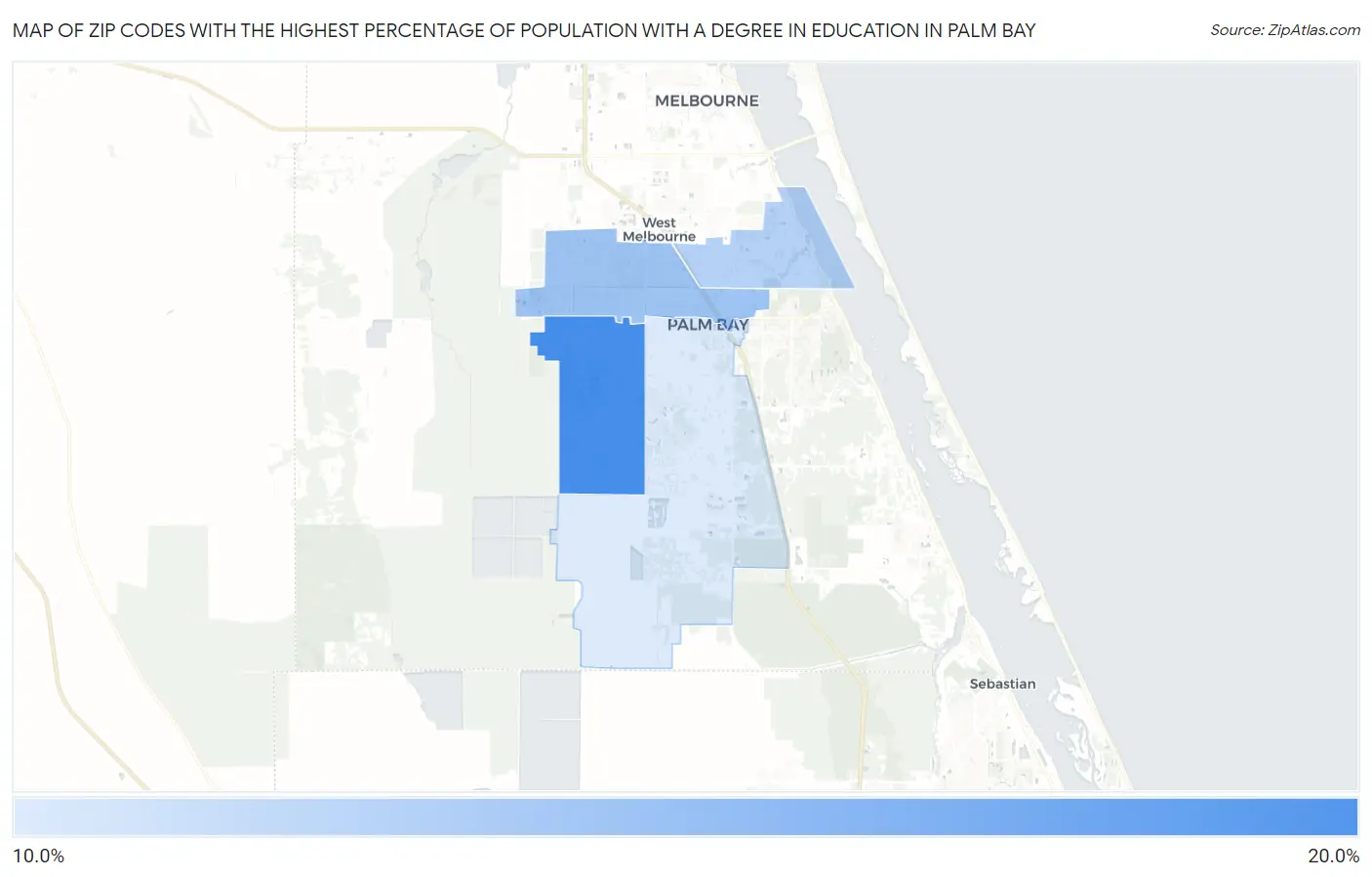 Zip Codes with the Highest Percentage of Population with a Degree in Education in Palm Bay Map