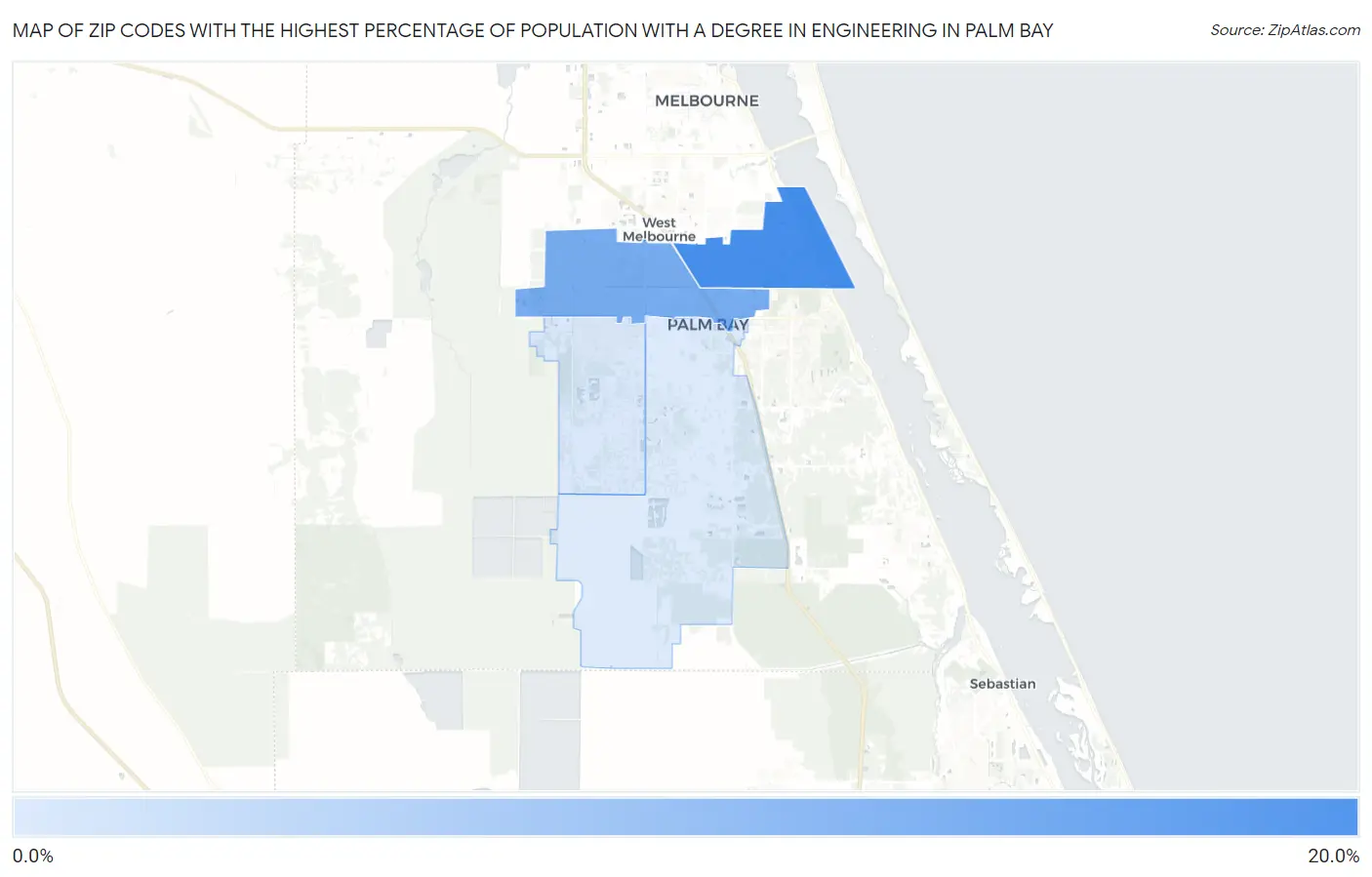 Zip Codes with the Highest Percentage of Population with a Degree in Engineering in Palm Bay Map