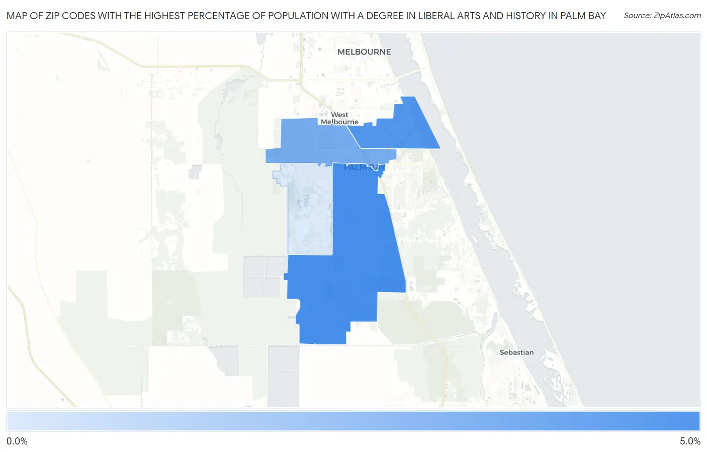 Zip Codes with the Highest Percentage of Population with a Degree in Liberal Arts and History in Palm Bay Map