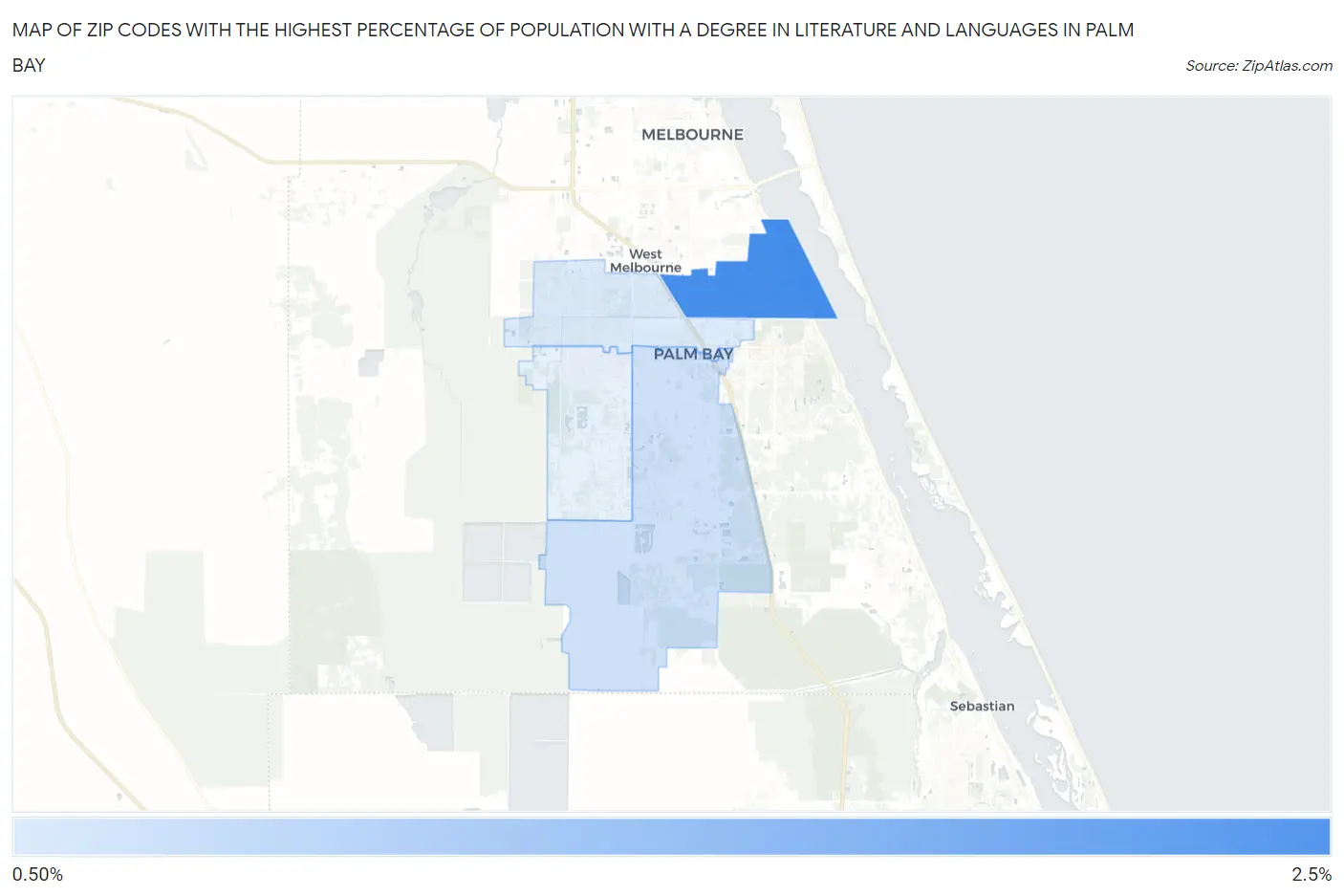 Zip Codes with the Highest Percentage of Population with a Degree in Literature and Languages in Palm Bay Map