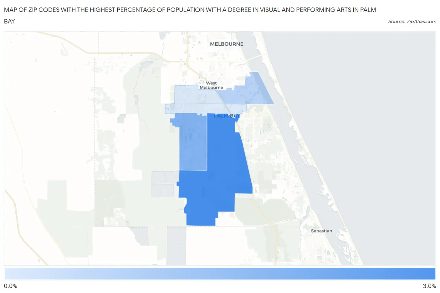 Zip Codes with the Highest Percentage of Population with a Degree in Visual and Performing Arts in Palm Bay Map