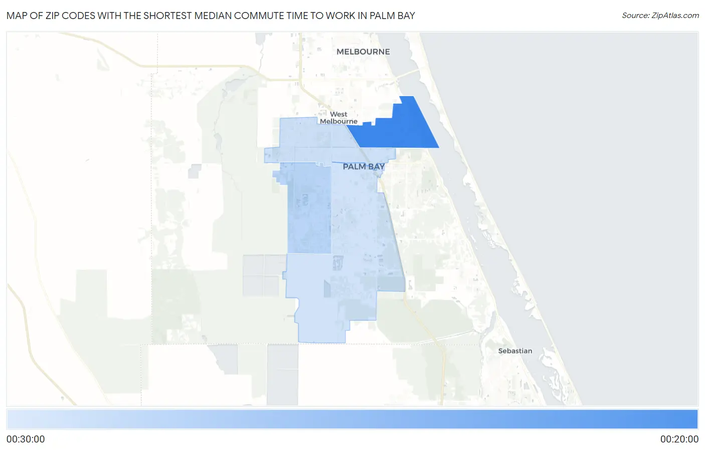 Zip Codes with the Shortest Median Commute Time to Work in Palm Bay Map