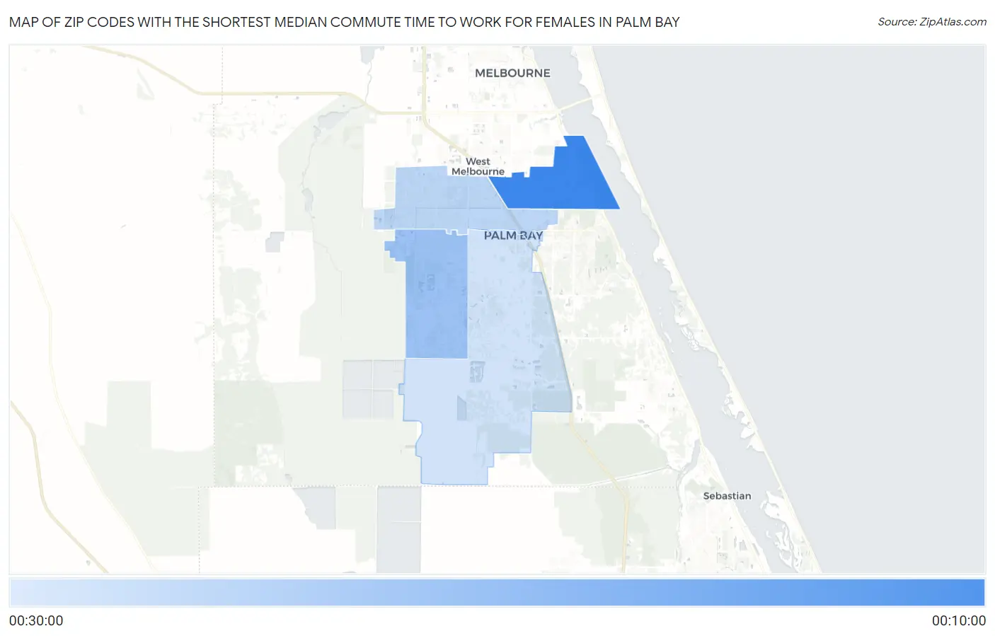 Zip Codes with the Shortest Median Commute Time to Work for Females in Palm Bay Map