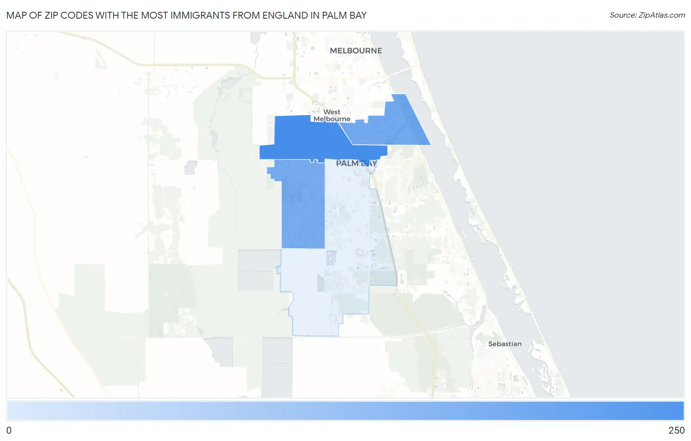 Zip Codes with the Most Immigrants from England in Palm Bay Map