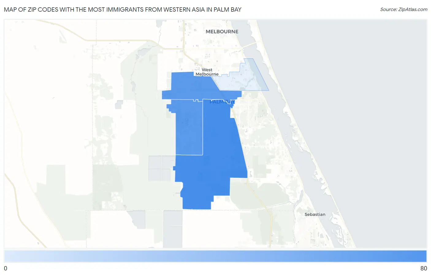 Zip Codes with the Most Immigrants from Western Asia in Palm Bay Map
