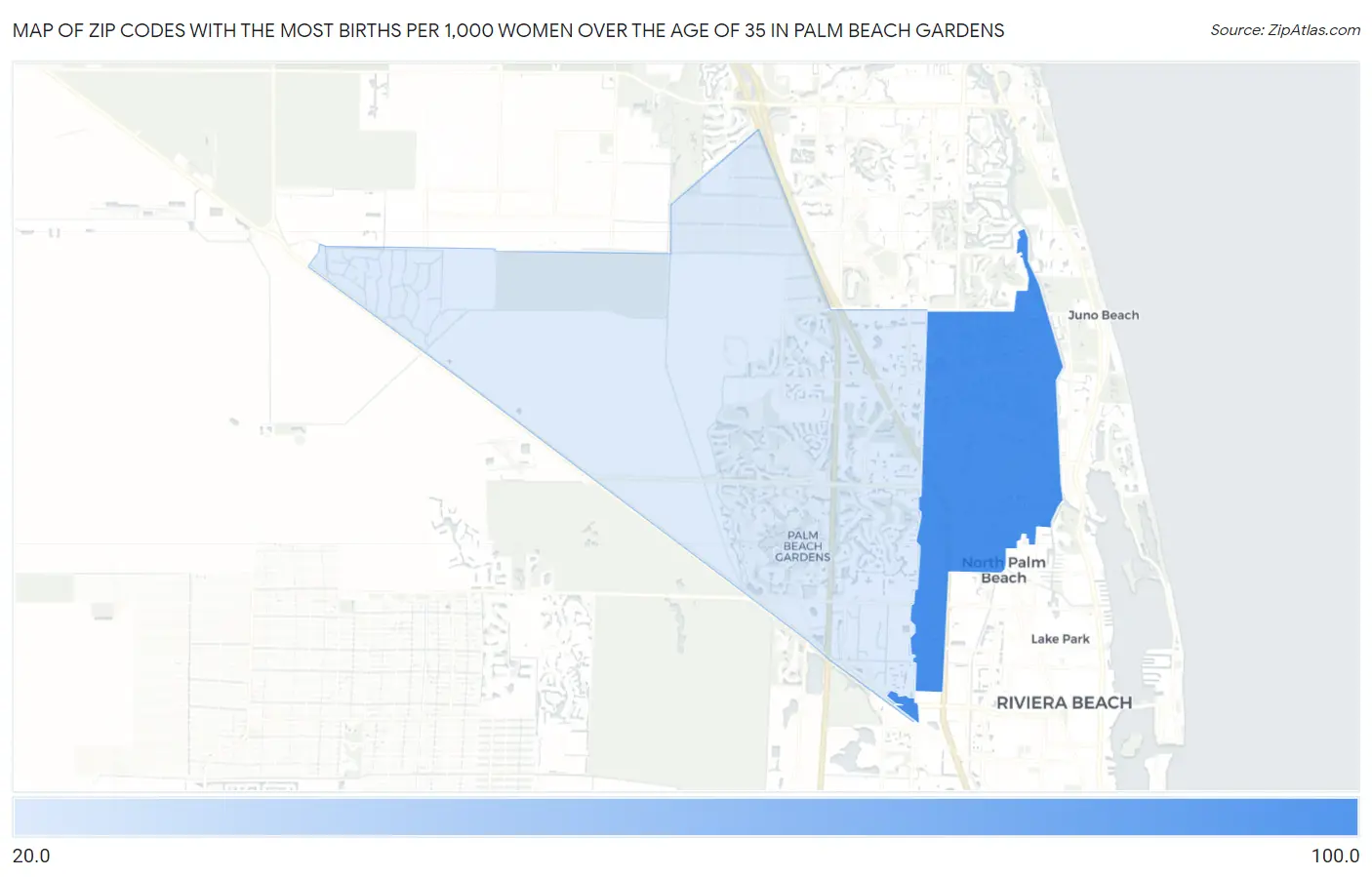 Zip Codes with the Most Births per 1,000 Women Over the Age of 35 in Palm Beach Gardens Map
