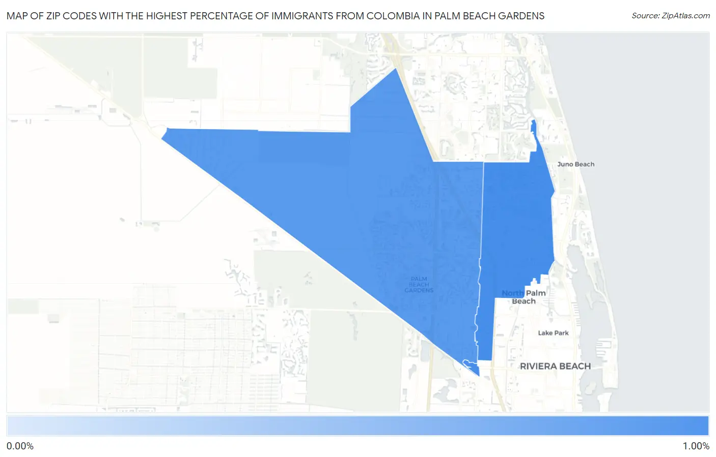 Zip Codes with the Highest Percentage of Immigrants from Colombia in Palm Beach Gardens Map
