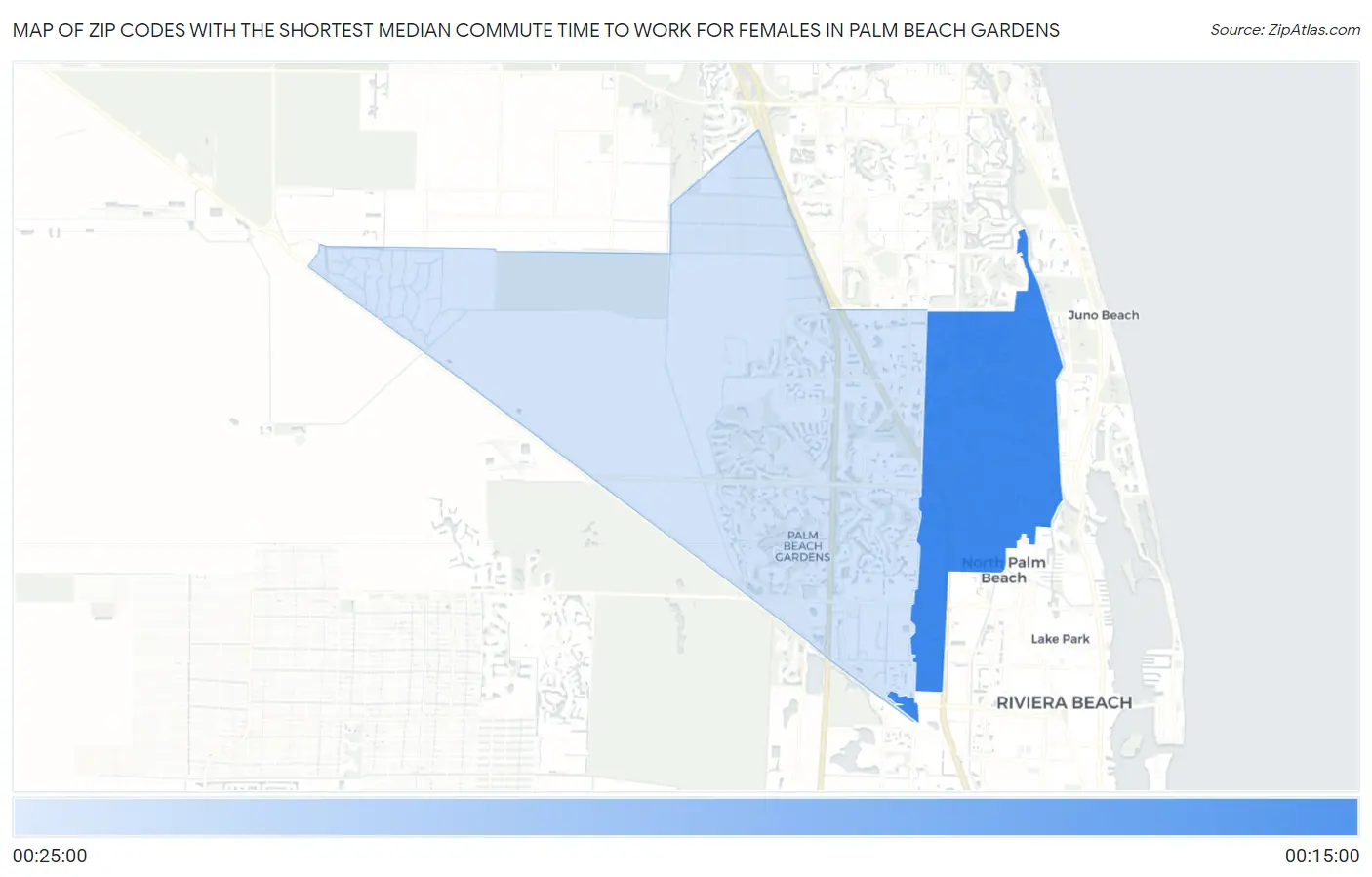 Zip Codes with the Shortest Median Commute Time to Work for Females in Palm Beach Gardens Map