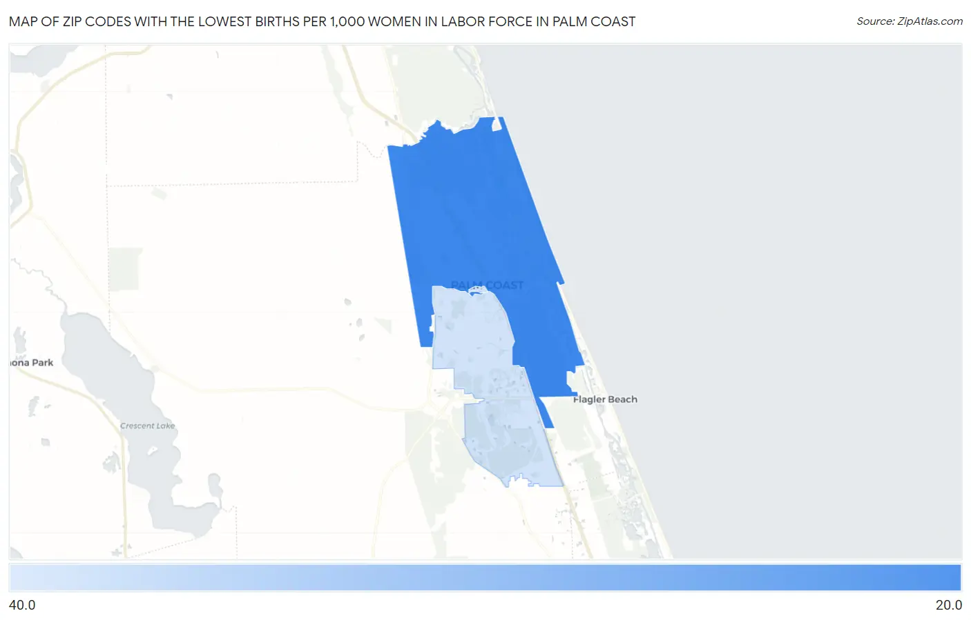 Zip Codes with the Lowest Births per 1,000 Women in Labor Force in Palm Coast Map