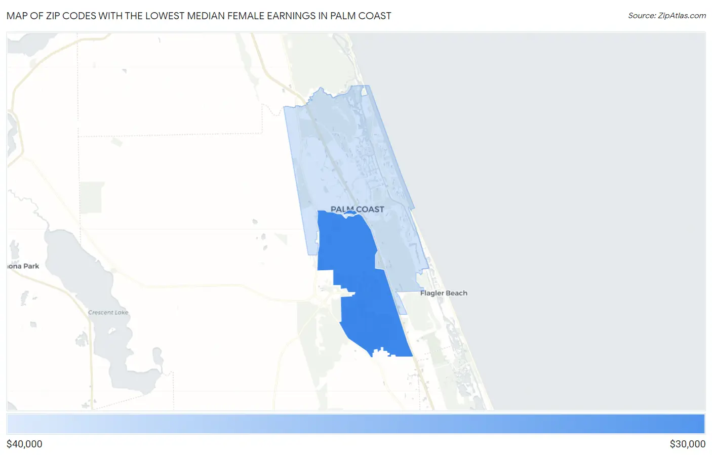 Zip Codes with the Lowest Median Female Earnings in Palm Coast Map
