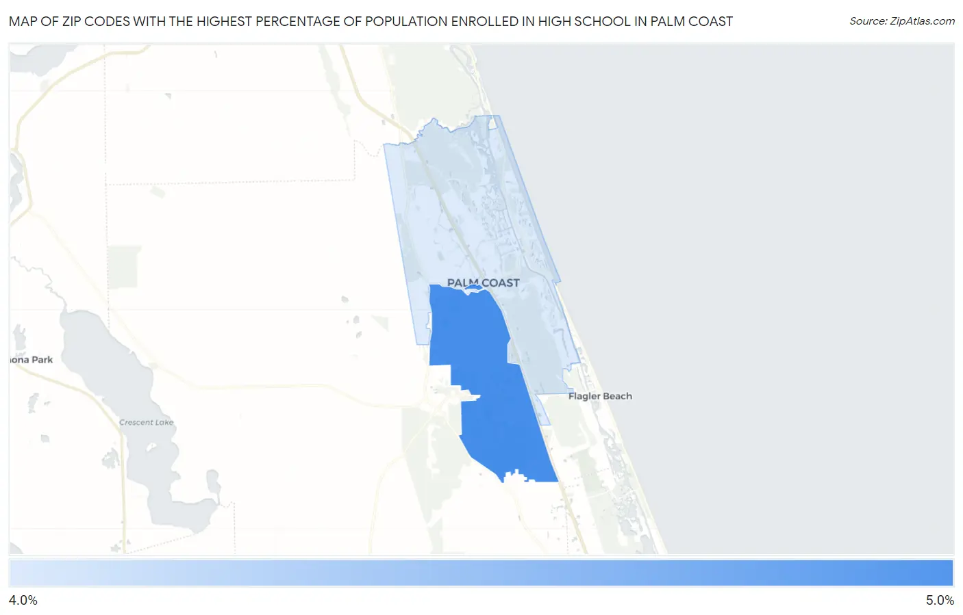 Zip Codes with the Highest Percentage of Population Enrolled in High School in Palm Coast Map