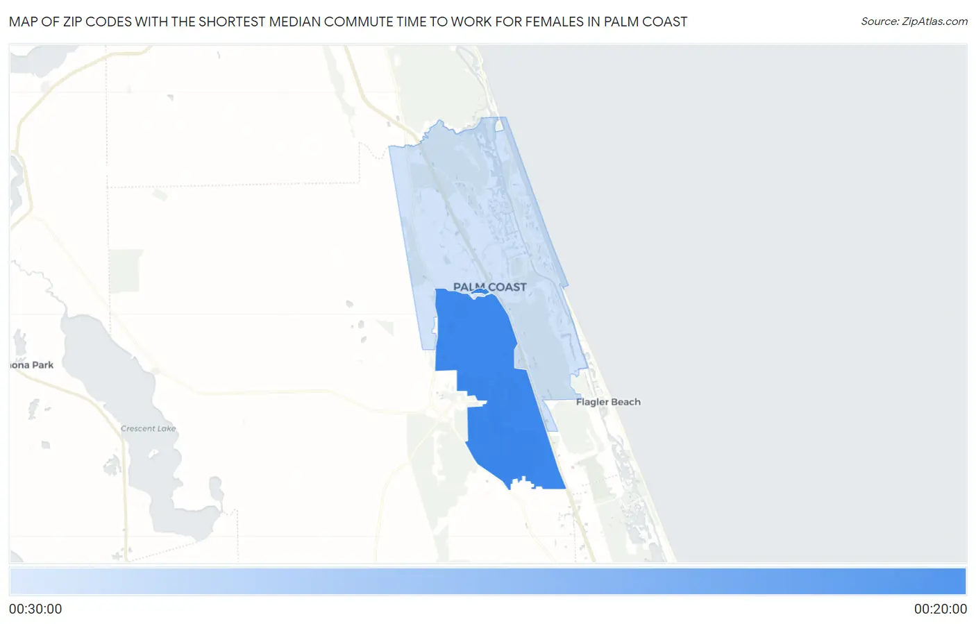 Zip Codes with the Shortest Median Commute Time to Work for Females in Palm Coast Map