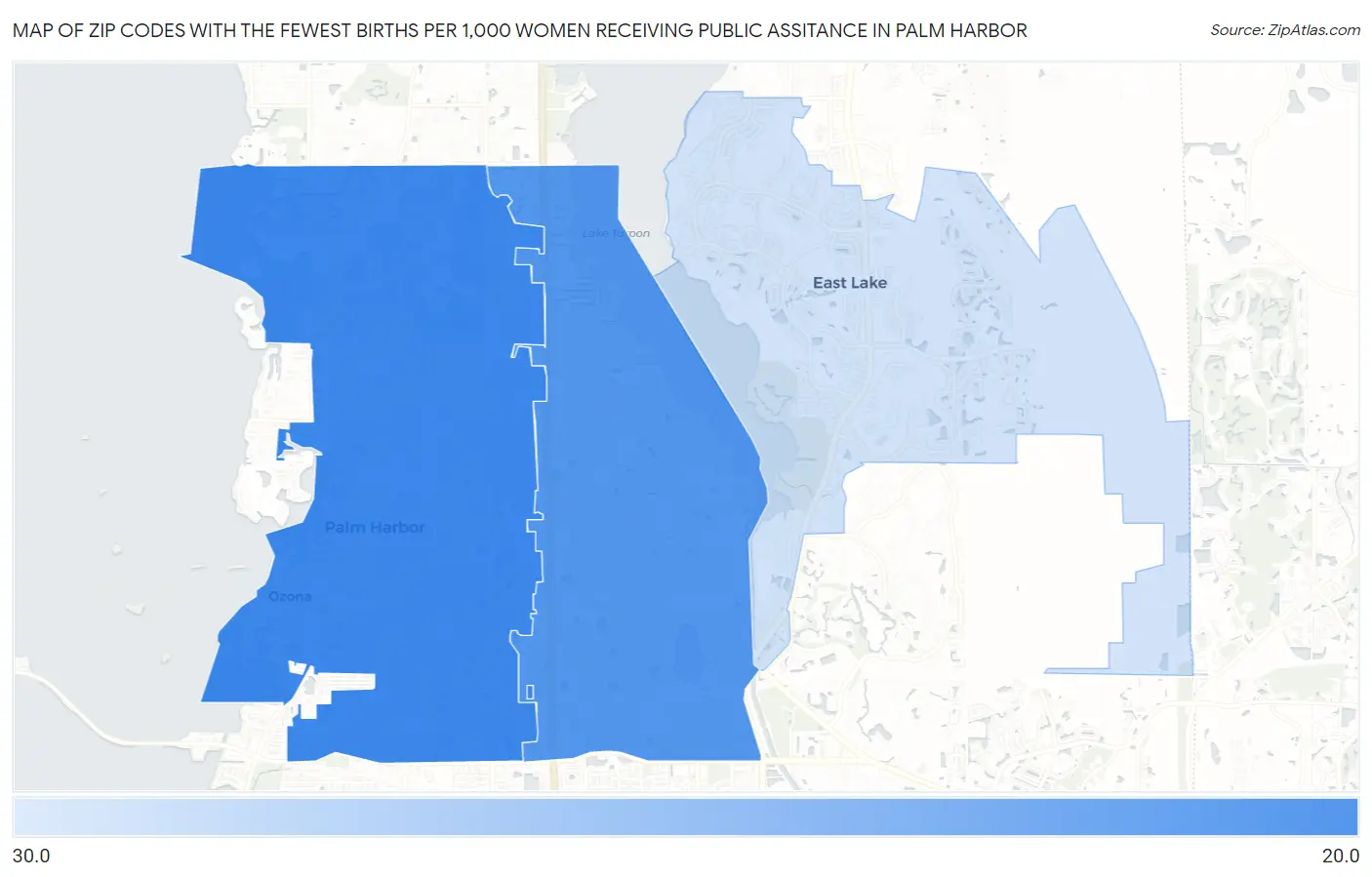 Zip Codes with the Fewest Births per 1,000 Women Receiving Public Assitance in Palm Harbor Map
