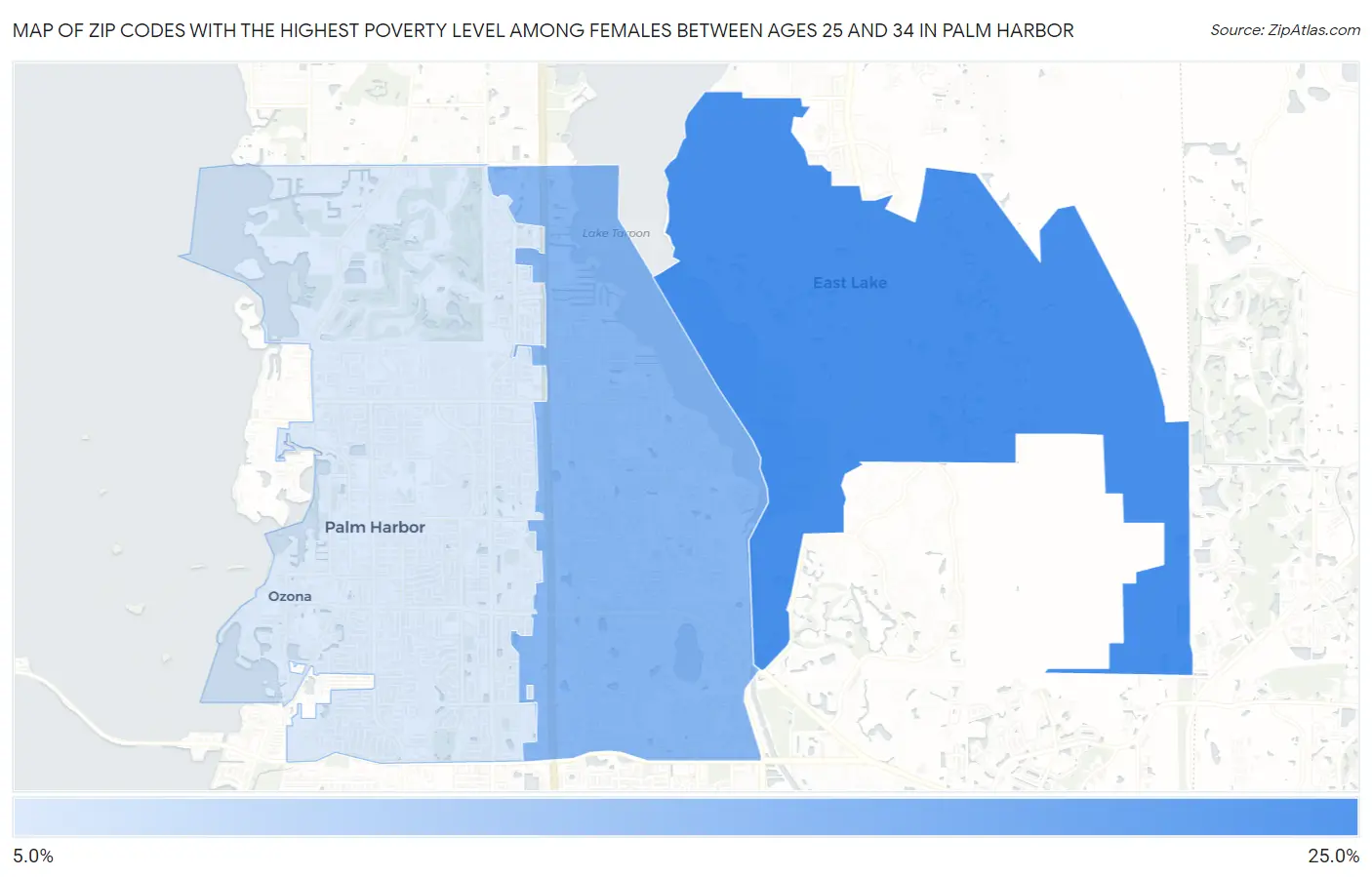 Zip Codes with the Highest Poverty Level Among Females Between Ages 25 and 34 in Palm Harbor Map