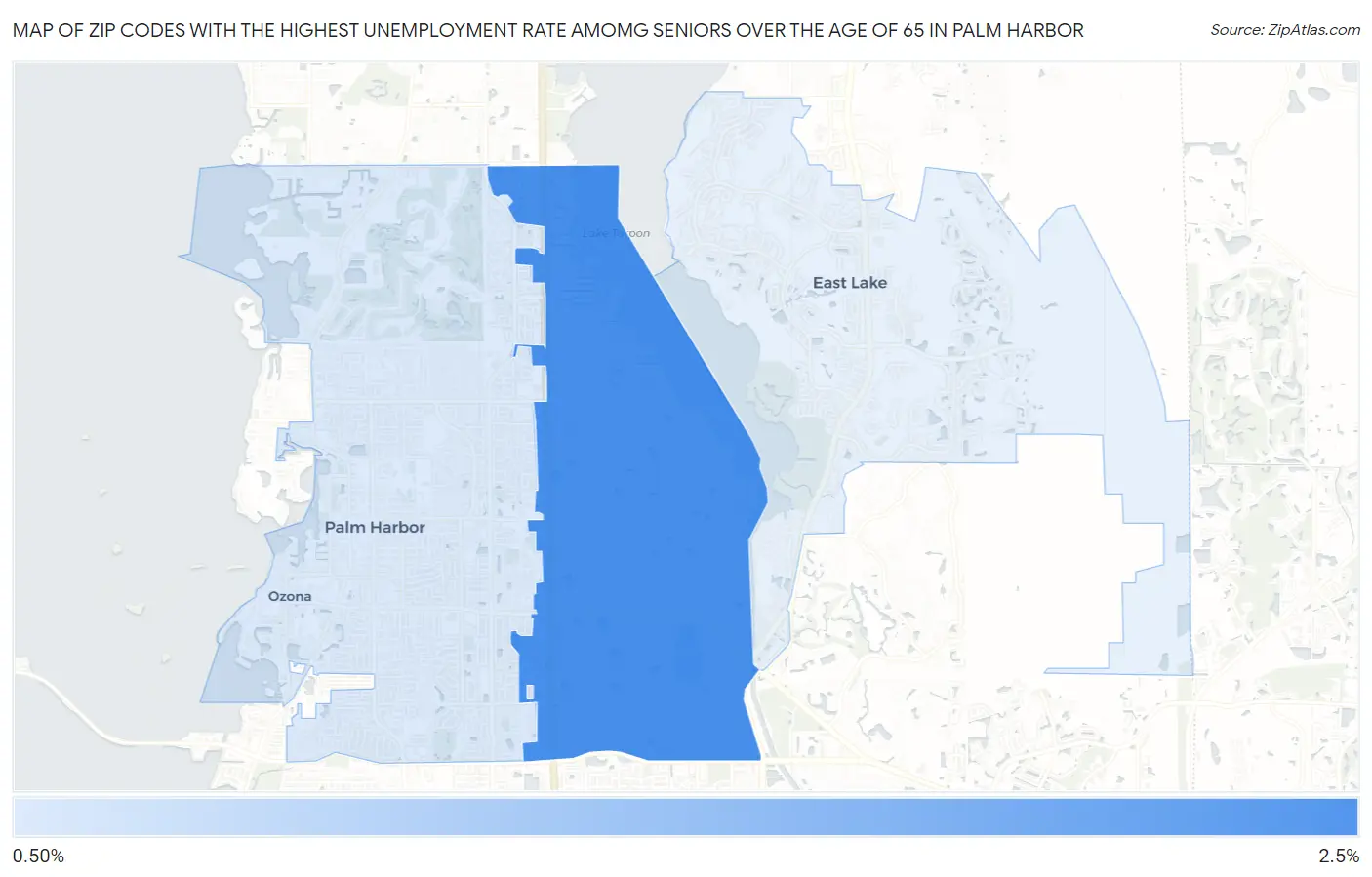 Zip Codes with the Highest Unemployment Rate Amomg Seniors Over the Age of 65 in Palm Harbor Map