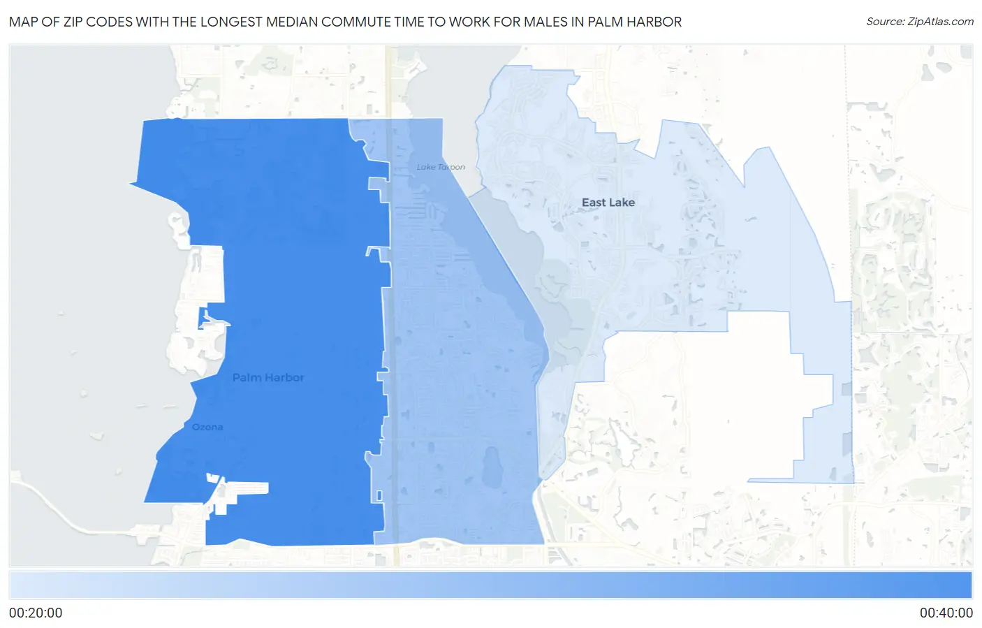 Zip Codes with the Longest Median Commute Time to Work for Males in Palm Harbor Map