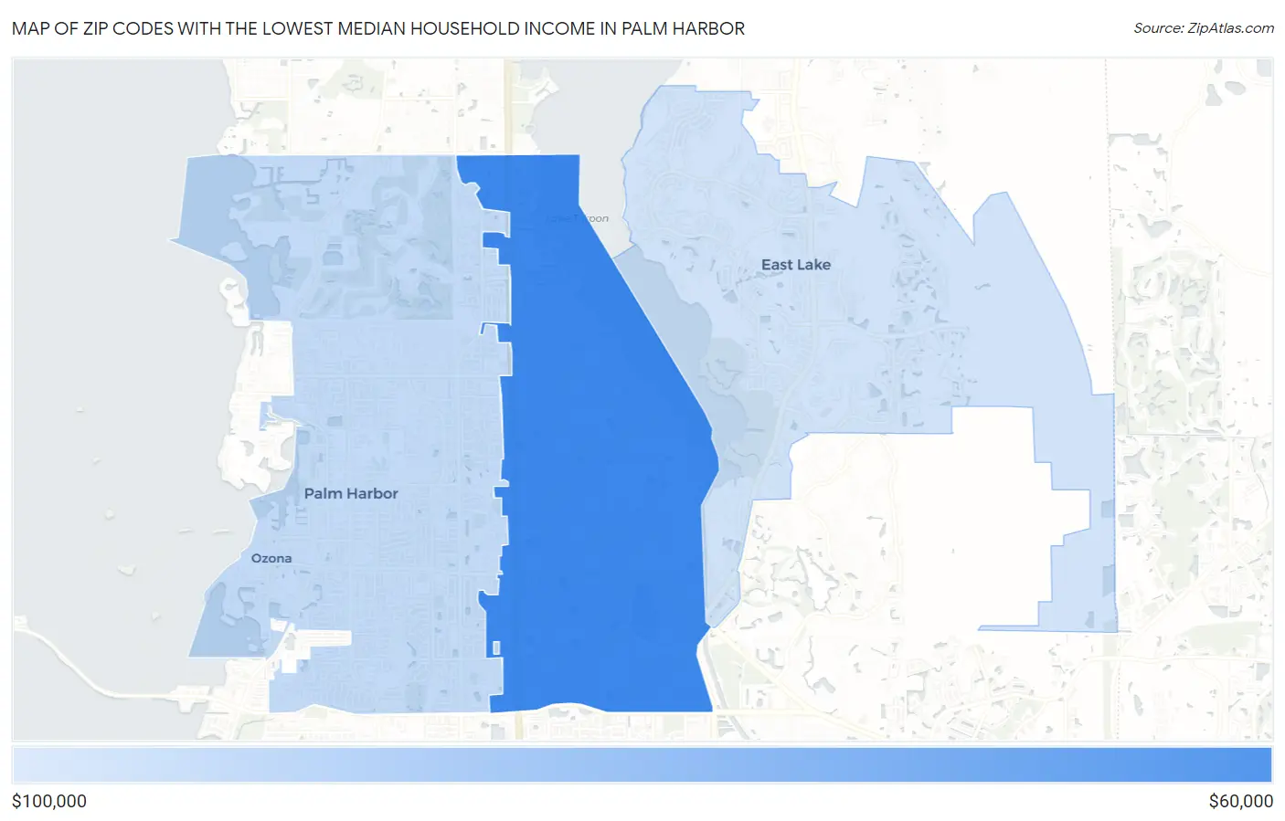 Zip Codes with the Lowest Median Household Income in Palm Harbor Map