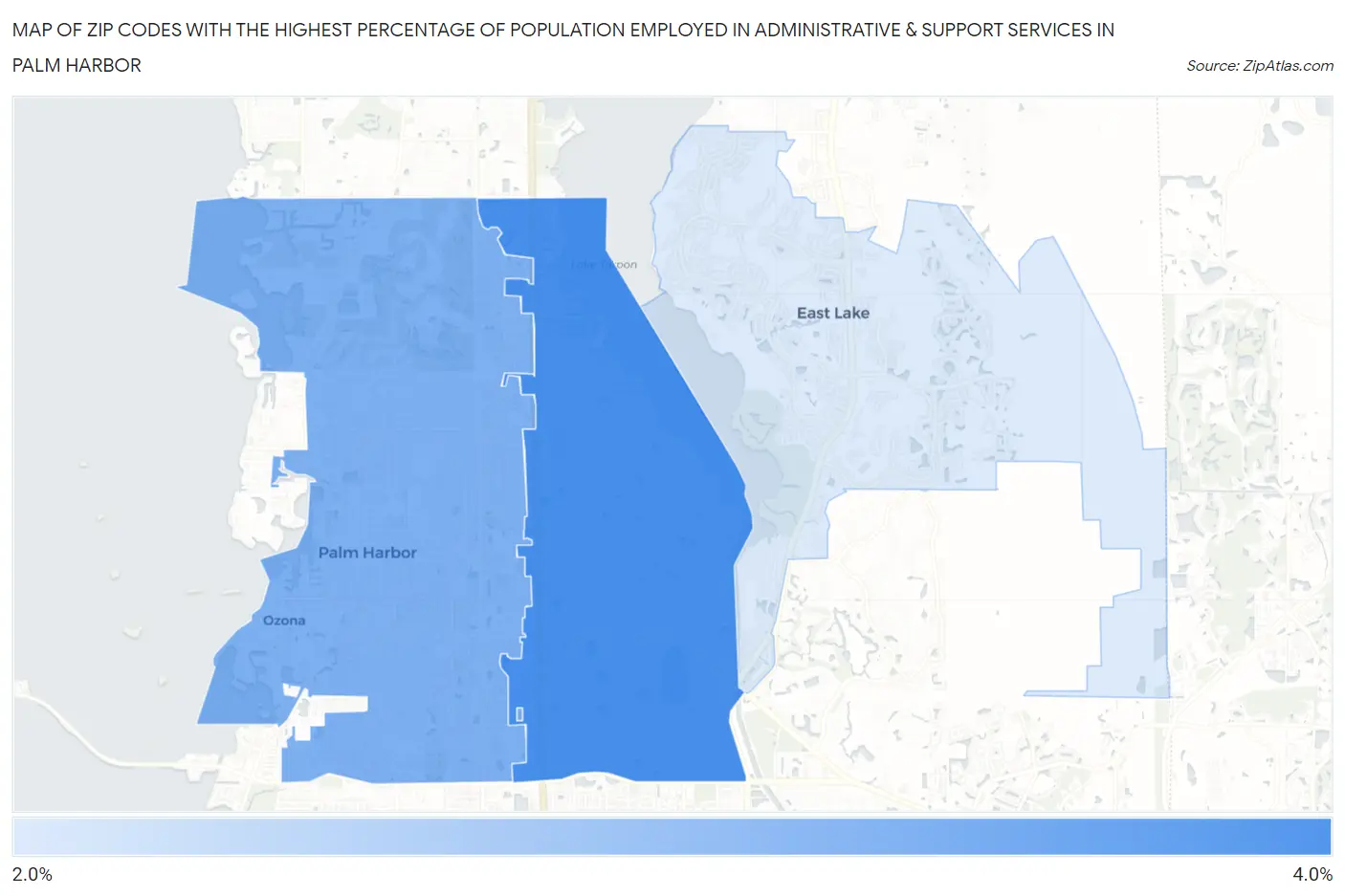 Zip Codes with the Highest Percentage of Population Employed in Administrative & Support Services in Palm Harbor Map
