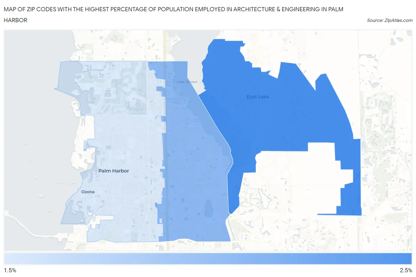 Zip Codes with the Highest Percentage of Population Employed in Architecture & Engineering in Palm Harbor Map