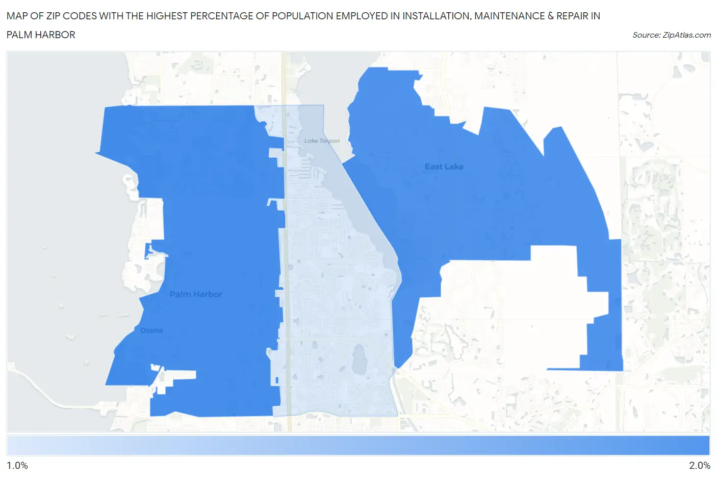 Zip Codes with the Highest Percentage of Population Employed in Installation, Maintenance & Repair in Palm Harbor Map
