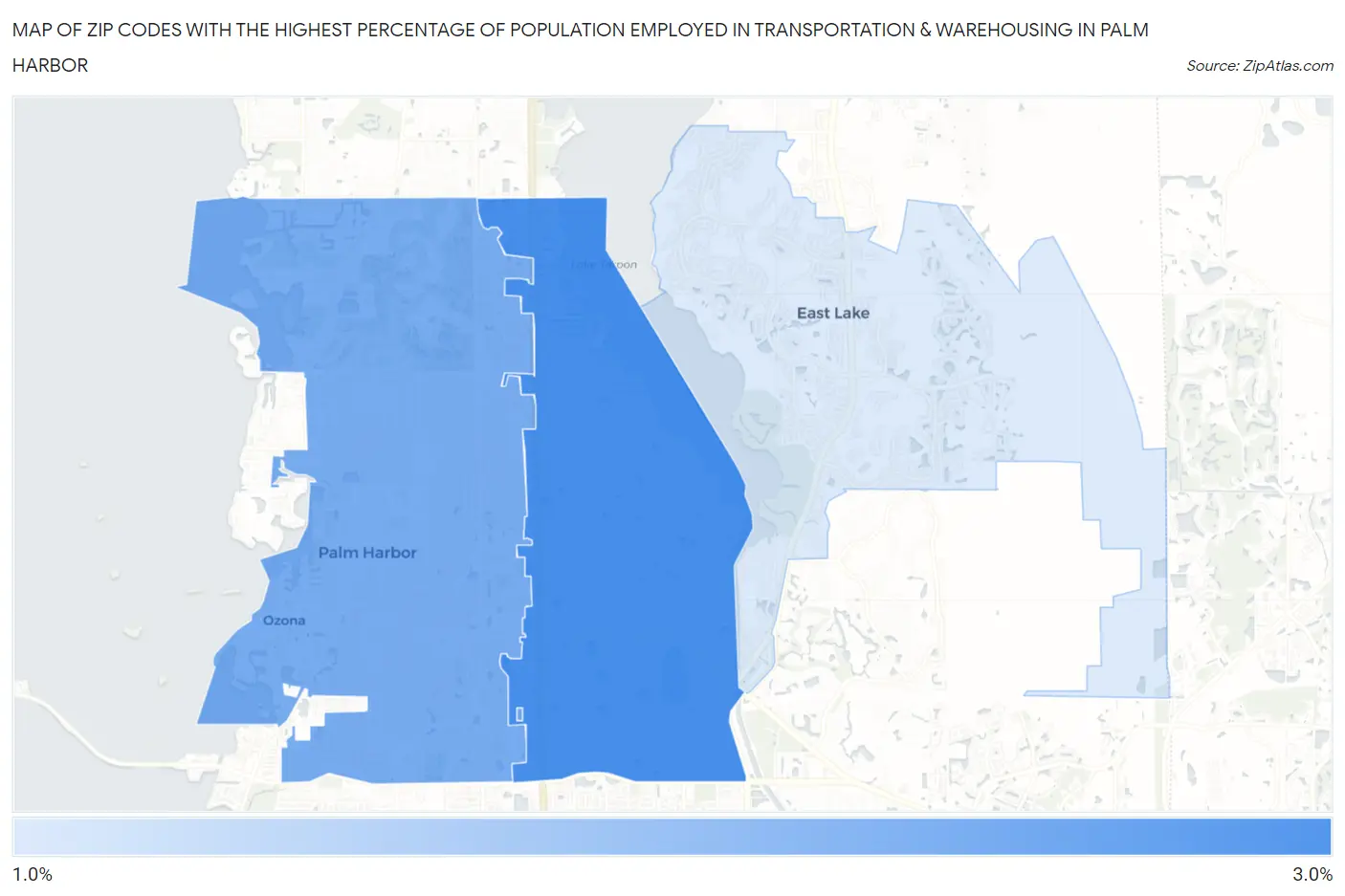 Zip Codes with the Highest Percentage of Population Employed in Transportation & Warehousing in Palm Harbor Map
