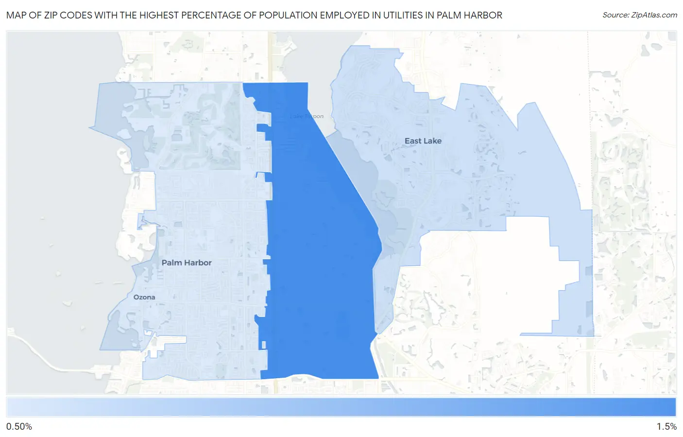 Zip Codes with the Highest Percentage of Population Employed in Utilities in Palm Harbor Map